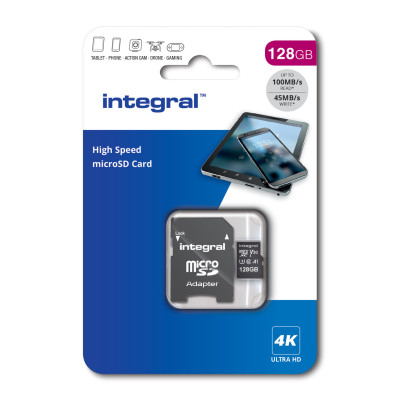 Integral INMSDX128G-100V30 128GB MICRO SD CARD MICROSDXC UHS-1 U3 CL10 V30 A1 UP TO 100MBS READ 45MBS WRITE MicroSD UHS-I